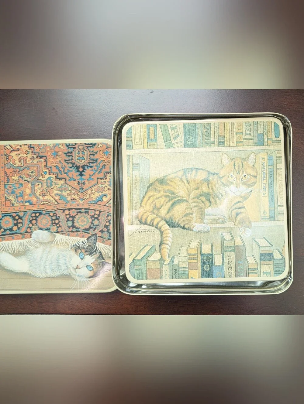 Vintage 1982 Lowell Herrero Stacking Kitty Cat Tin Box With Lids Set Of 2